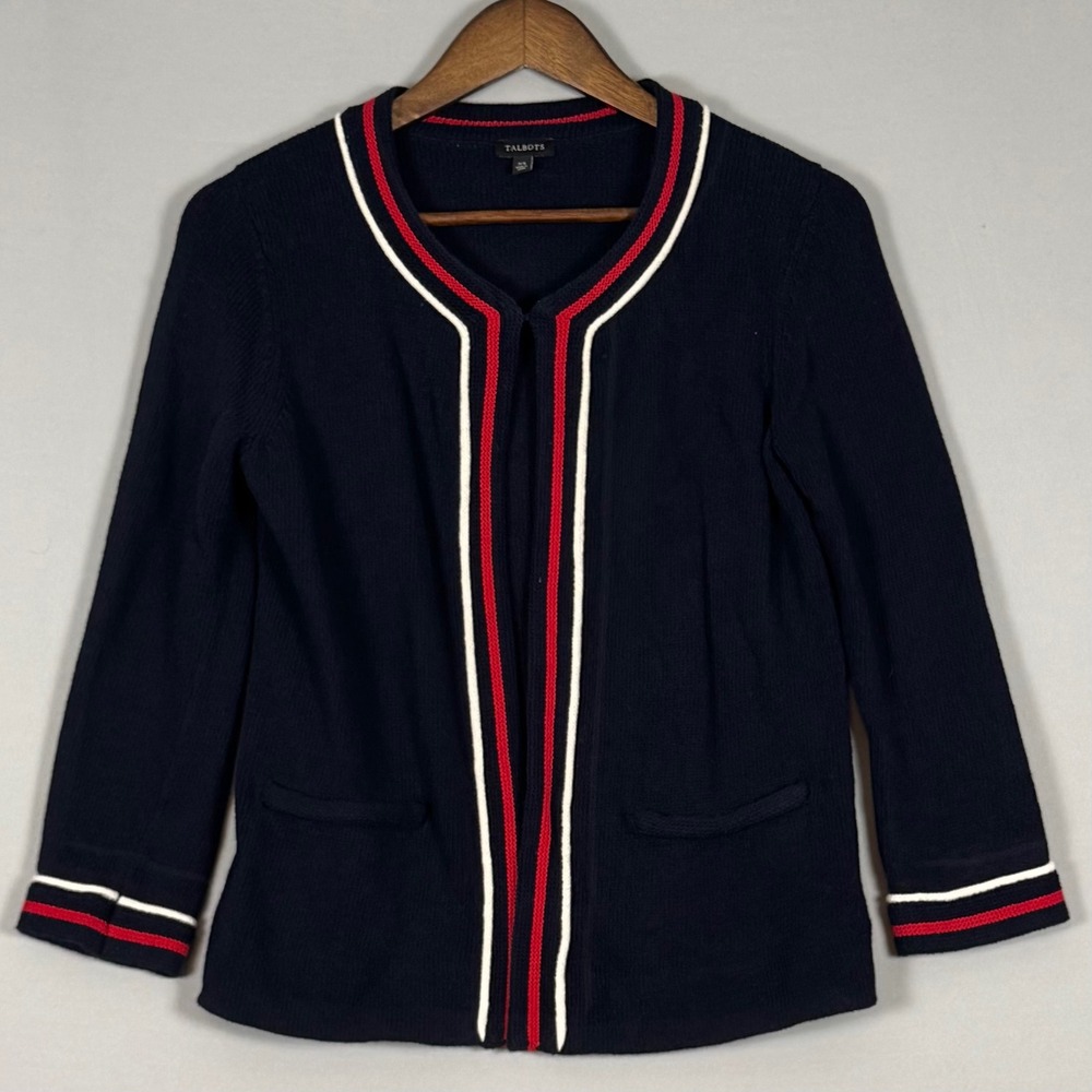 Talbots Women XS Black Nautical Stripe Cotton Hook Front Cardigan Sweater NWOT